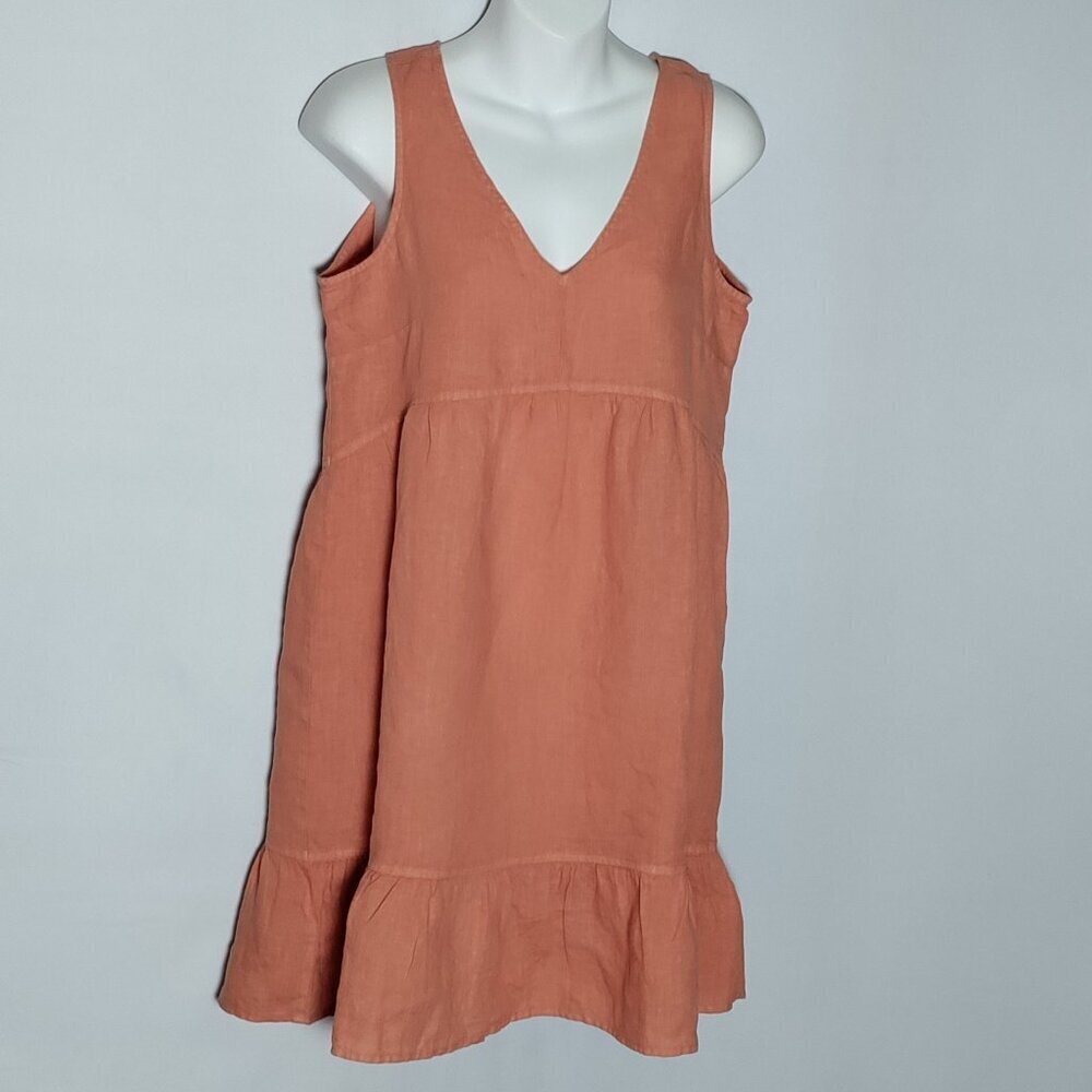 Cynthia Rowley 100% Linen V Neck Tiered Ruffle Mini Sun Dress Small New Salmon